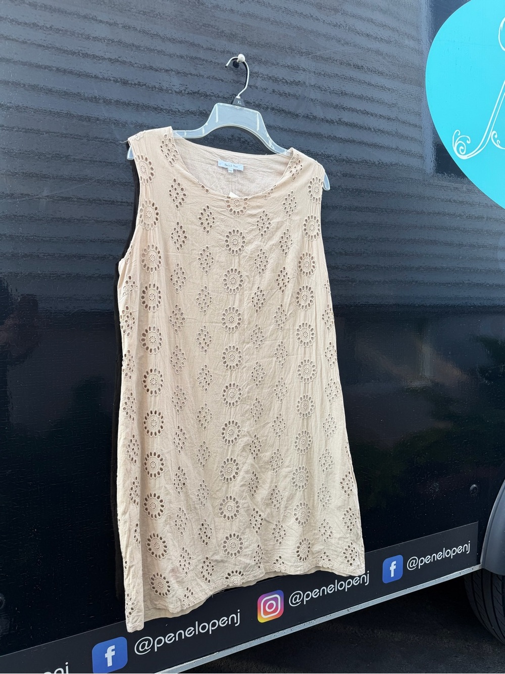 Sleeveless Eyelet Shift Dress in Beige